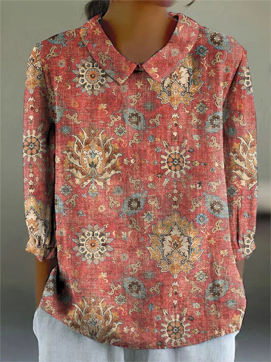 Dame Bluse Grafisk Geometrisk Daglig Stilfull Fritid Langermet Skjortekrage Vanlige topper Daglig Knapper Trykt mønster Gul Rød Sommer Vår 2025 - $24.99 –P1