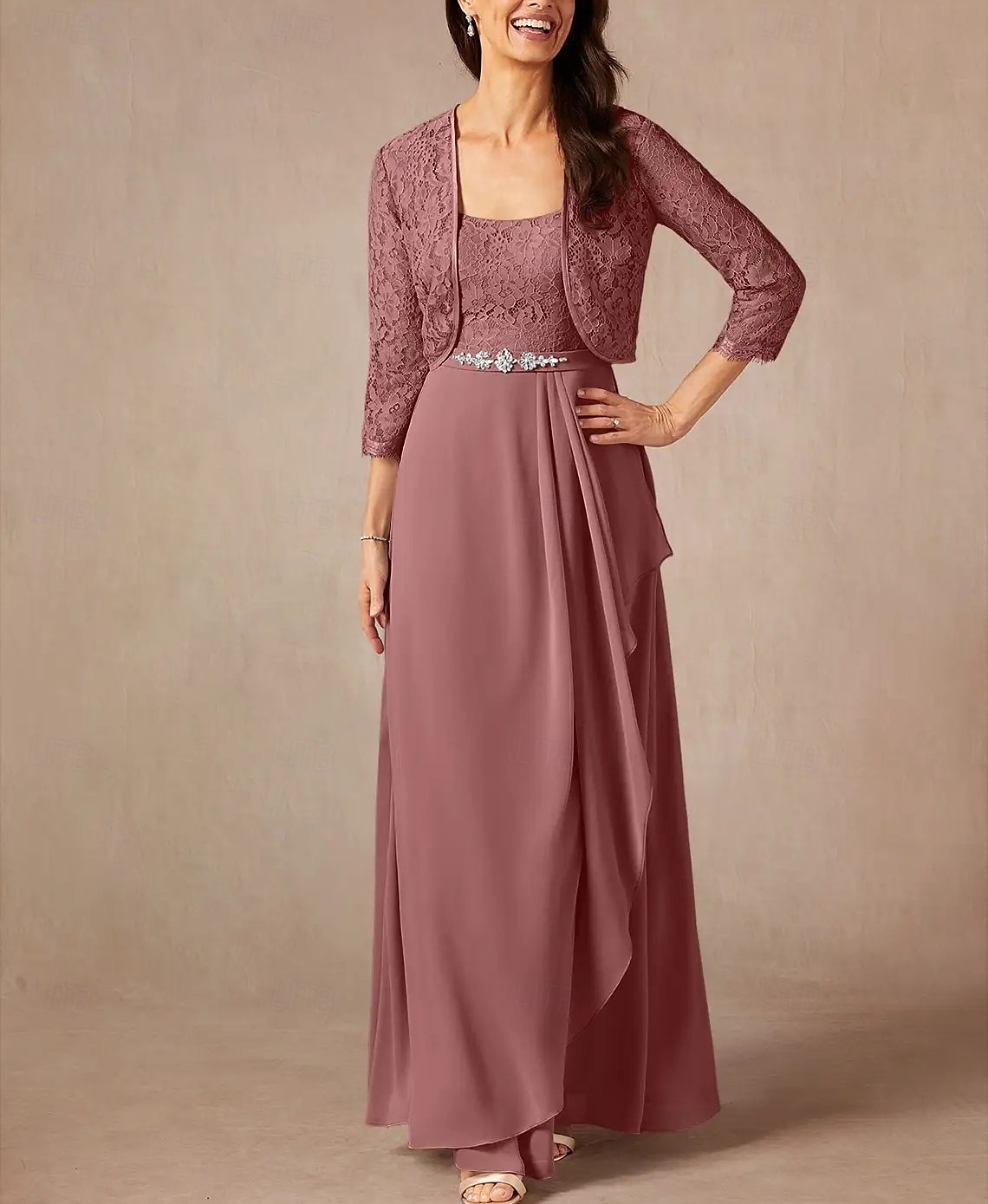 Tvådelad A-linjeformad Mor till Brud-Klänning Bröllopsgäst Elegant Söt Rundhalsad Golvlängd Chiffon Spets 3/4 Längd Ärmar med Spetspärlor Volanger 2025 - $172.99 –P1