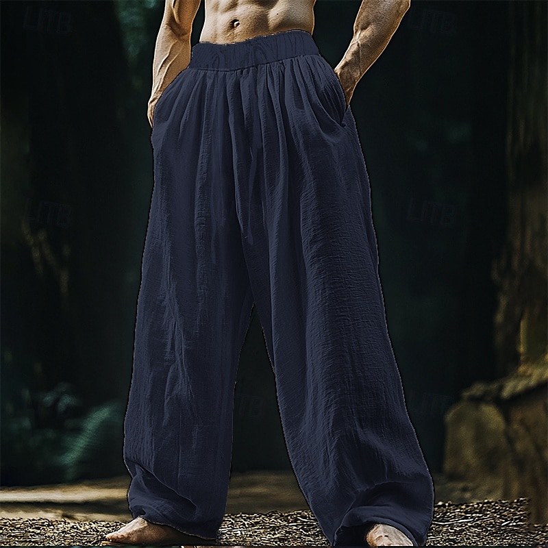 Men's Linen Pants Trousers Summer Pants Beach Pants Pocket Drawstring Elastic Waist Plain Comfort Breathable Vacation Daily Holiday Hawaiian Boho Black White 2025 - $20.99 –P2