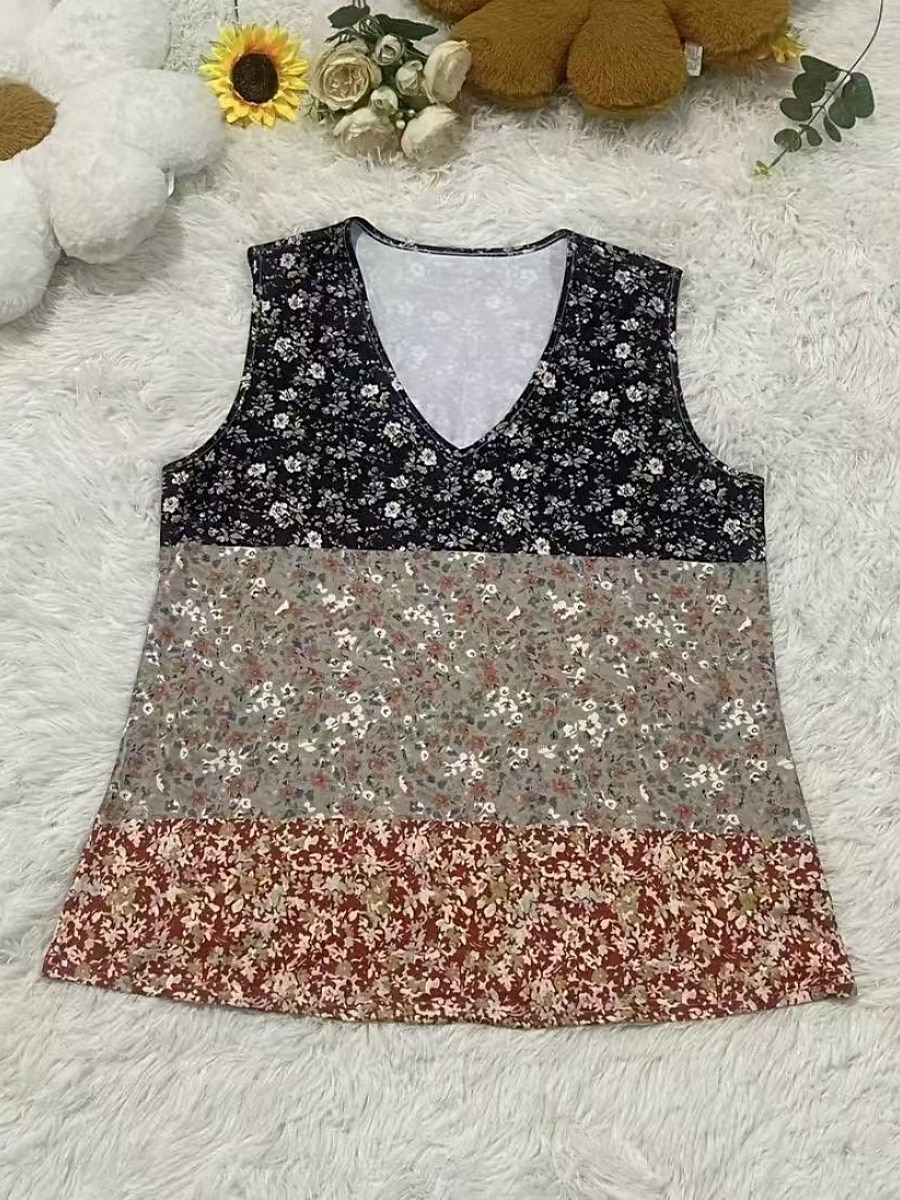 Dame Singleter Camisole Tank Top Blomstret Bohem Etnisk Ermeløs V-hals Vanlige topper Daglig Ferie Trykt mønster Marineblå Blå Kamel Fuksia Grønn Sommer 2025 - $14.99 –P3
