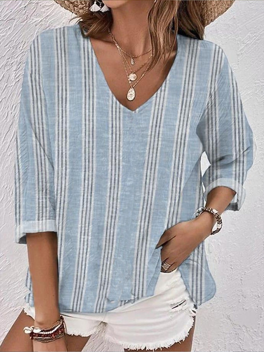 Pentru femei Bluză Grafic Geometric Dungi Elegant Tropical Zilnic Lungime Manșon 3/4 În V Topuri obișnuite Zilnic Alb Albastru piscină Albastru Deschis Vară Primăvară 2025 - $24.99 –P1