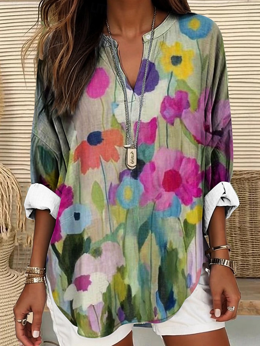 Damen Bluse Sommer Oberteile Blumendruck Vintage Tropen Hawaii Langarm V-Ausschnitt Reguläre Oberteile Täglich Feiertag Strandmode Druck Marineblau Blau Lila Grün Beige Sommer Frühling 2025 - $24.99 –P6