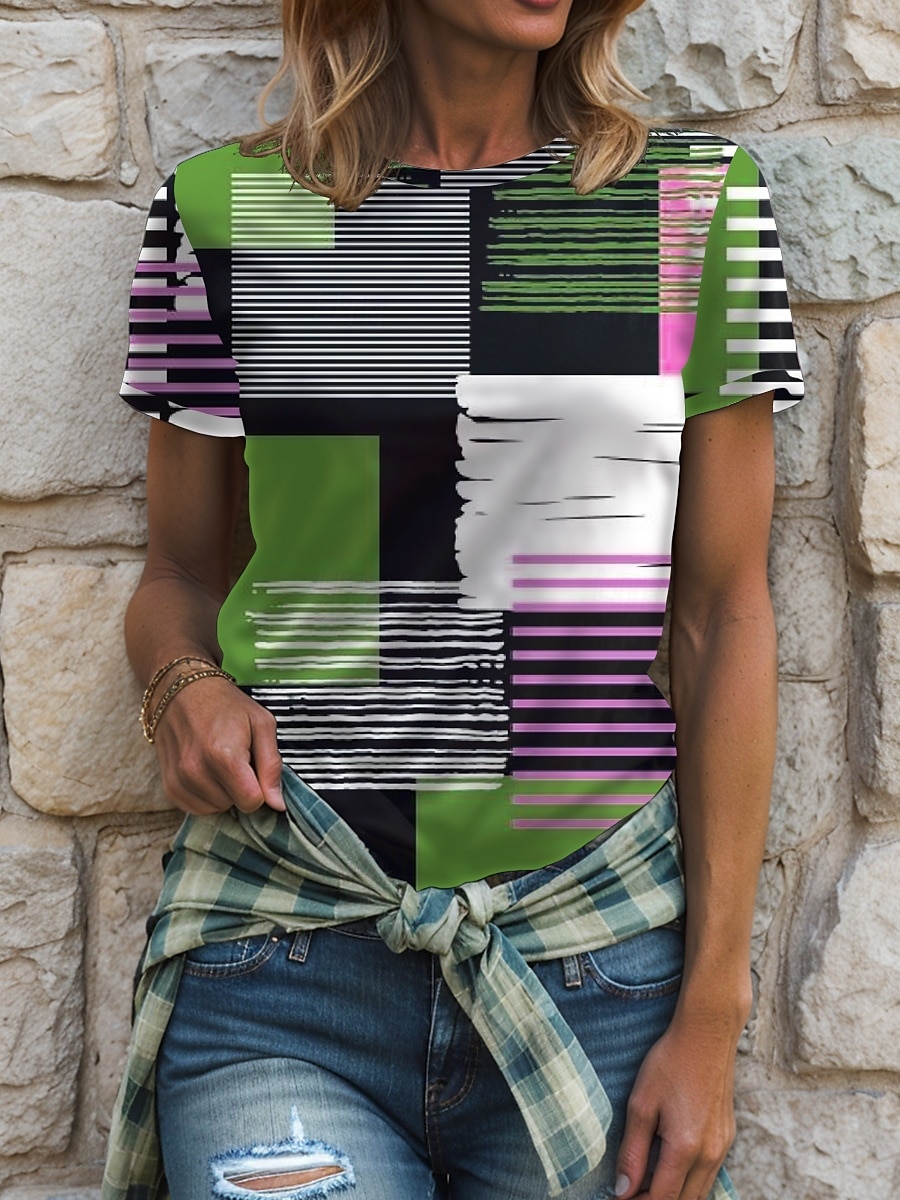 Dame Bluse Grafisk Geometrisk Ruter Årgang Stilfull Klassisk Kortermet Crew-hals Rund hals Vanlige topper Daglig Lomme Knapper Rød Blå Lilla Grønn Sommer Vår 2025 - $19.99 –P5