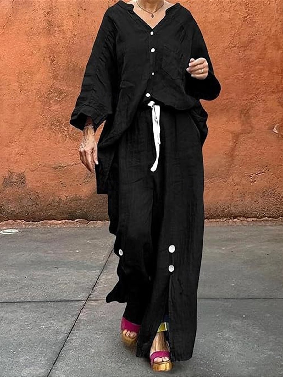 Femmes Actif Basique Ensembles en coton et lin manche longue Col en V Couleur Unie Décontracté Quotidien Noir Blanche Jaune Été Coupe régulière de 2025 ? $28.99 –P6