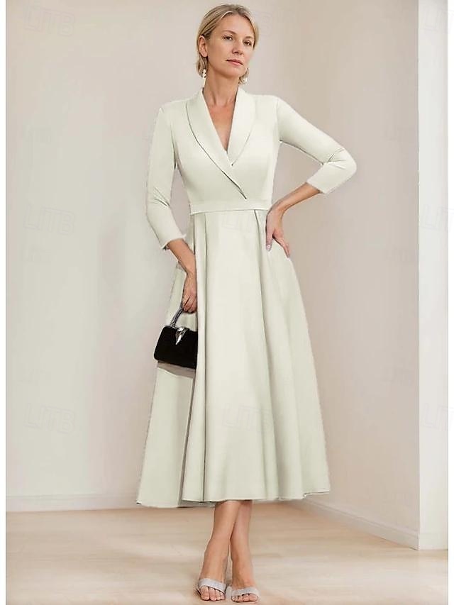 vestido blazer linha a mãe da noiva vestido crepe elegante simples lapela decote comprimento chá cetim manga 3/4 com cor sólida 2025 de 2025 por $169.99 –P13