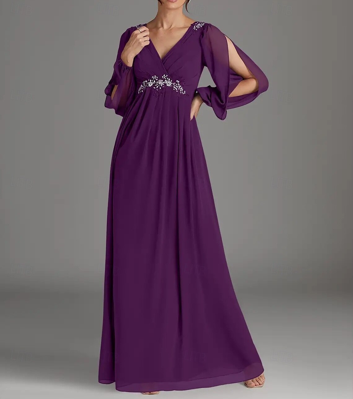 A-Line Mother of the Bride Dress Wedding Guest Elegant V Neck Floor Length Chiffon Long Sleeve with Beading Appliques Ruching 2025 - $162.99 –P1