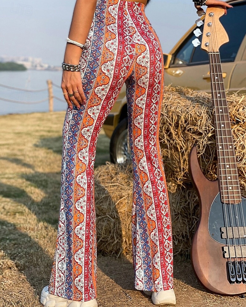 Women's Bell Bottom Slacks Fashion Boho Full Length Natural Flower Elastic Waist Printing Outdoor Comfortable Holiday Going out Magenta Orange red Black Pink Summer Regular Fit 2025 - $16.99 –P5