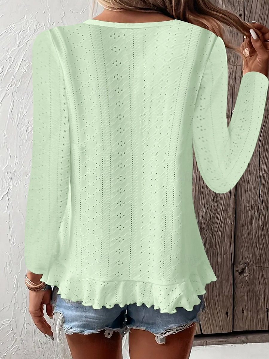 Dame Bluse Helfarge Stilfull Fritid Langermet Crew-hals Vanlige topper Daglig Drapering Snørehull Hvit Gul Blå Grønn Sommer Vår 2025 - $17.99 –P8