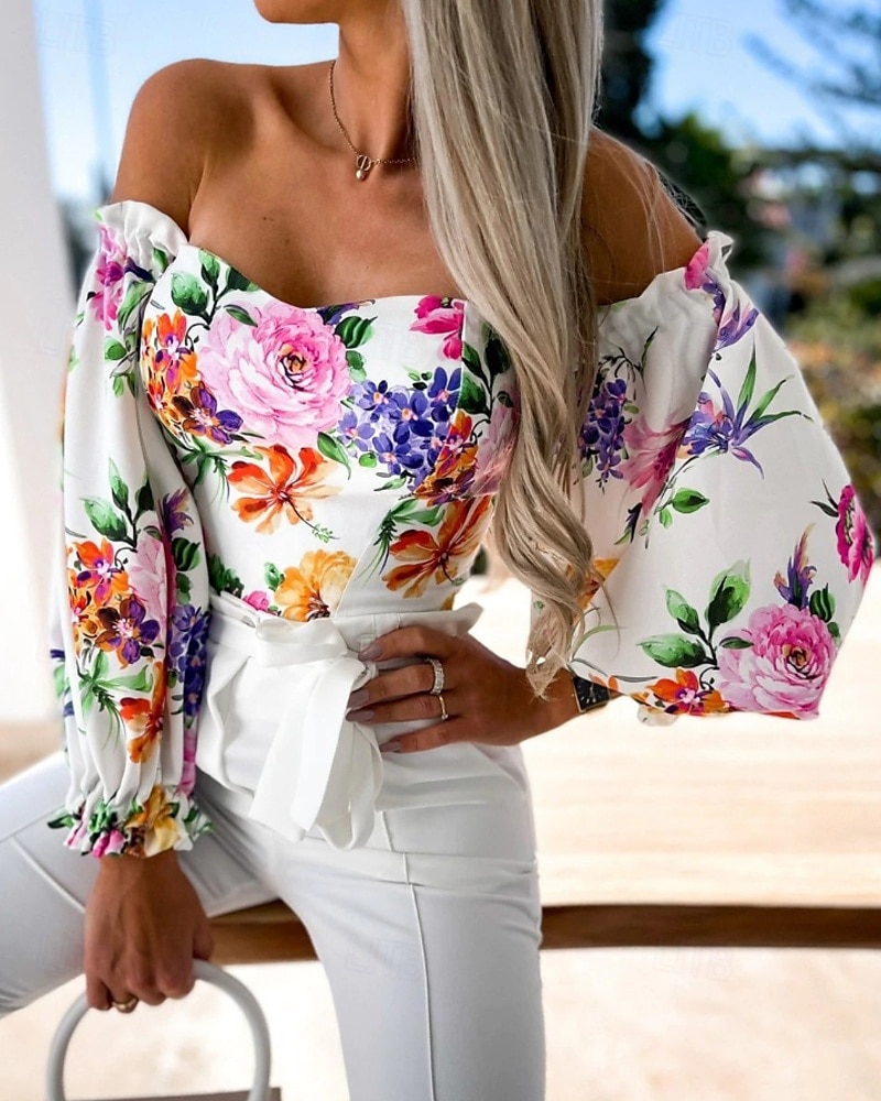 Damen Boho-Hemd Bluse Blume Modern Boho Langarm Schulterfrei Normale Oberteile Täglich Ausgehen Druck Erröten Sie Rosa Rosa Wein Rote Purpur Sommer 2025 - $21.99 –P3
