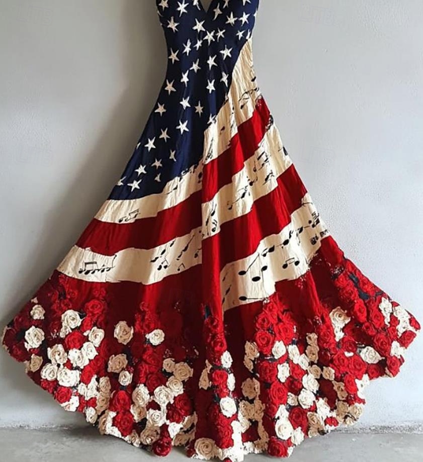 Women's Patriotic Maxi Dress Sundress A Line Dress Slip Dress Vacation Casual Going out Beach Regular Fit Graphic National Flag Sleeveless V Neck Red Summer Spring 2025 - $27.99 –P2