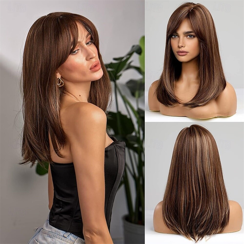 Pelucas largas de color marrón mixto para mujer, peluca de cabello sintético en capas con flequillo parcial 2025 - $27.99 –P1