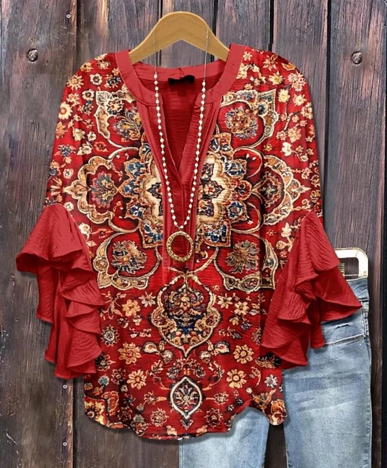 Dames Blouse V-Hals Bloemen Grafisch Geometrisch Bohemia Vintage Dagelijks 3/4 Mouw Flatter Sleeve Reguliere Tops Dagelijks Vakantie Kleding Ruffle Print Wijnrood Blauw Groen Zomer Lente Herfst 2025 - $29.99 –P4