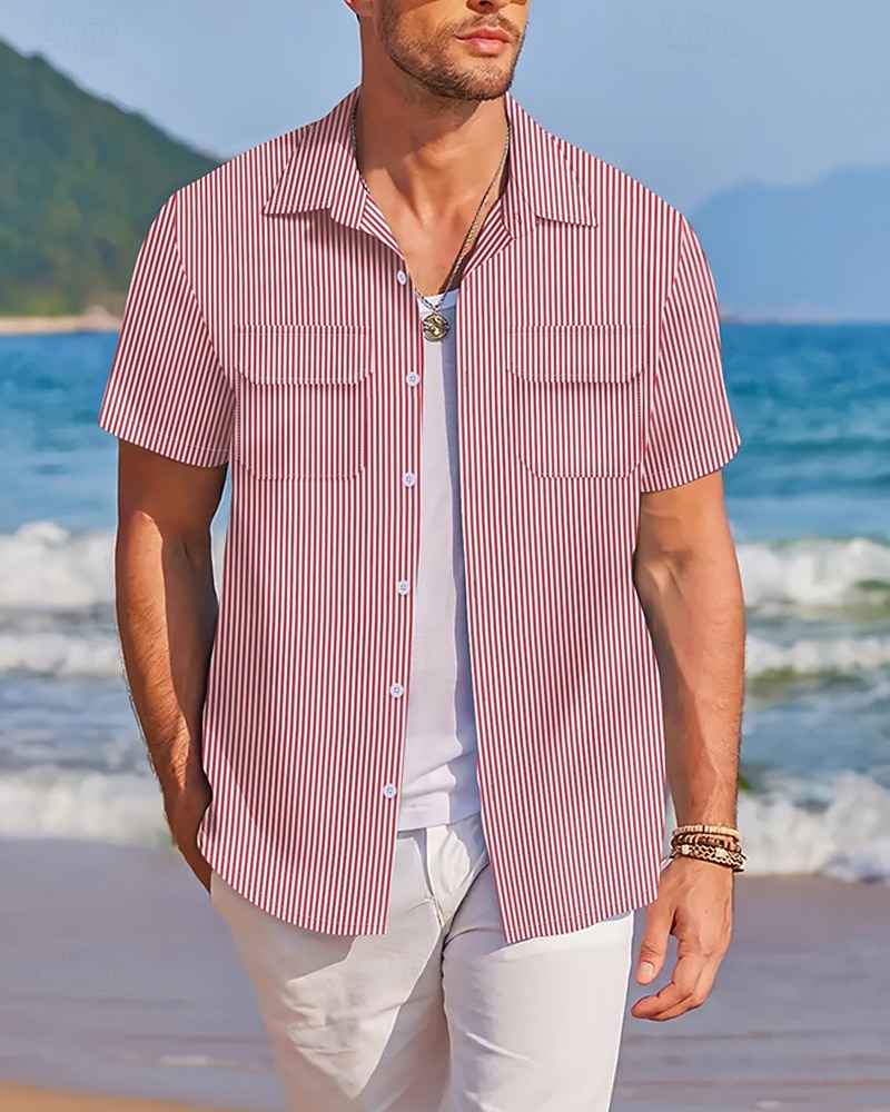 Herren Hemd Sommerhemd Freizeithemd Strandhemd Knopfhemd Rosa Wein Blau Grün Dunkel Blau Kurzarm Streifen Revers Urlaub Hawaiianisch Fronttasche Bekleidung Baumwollmischung Mode Lässig Bequem 2025 - $17.99 –P2