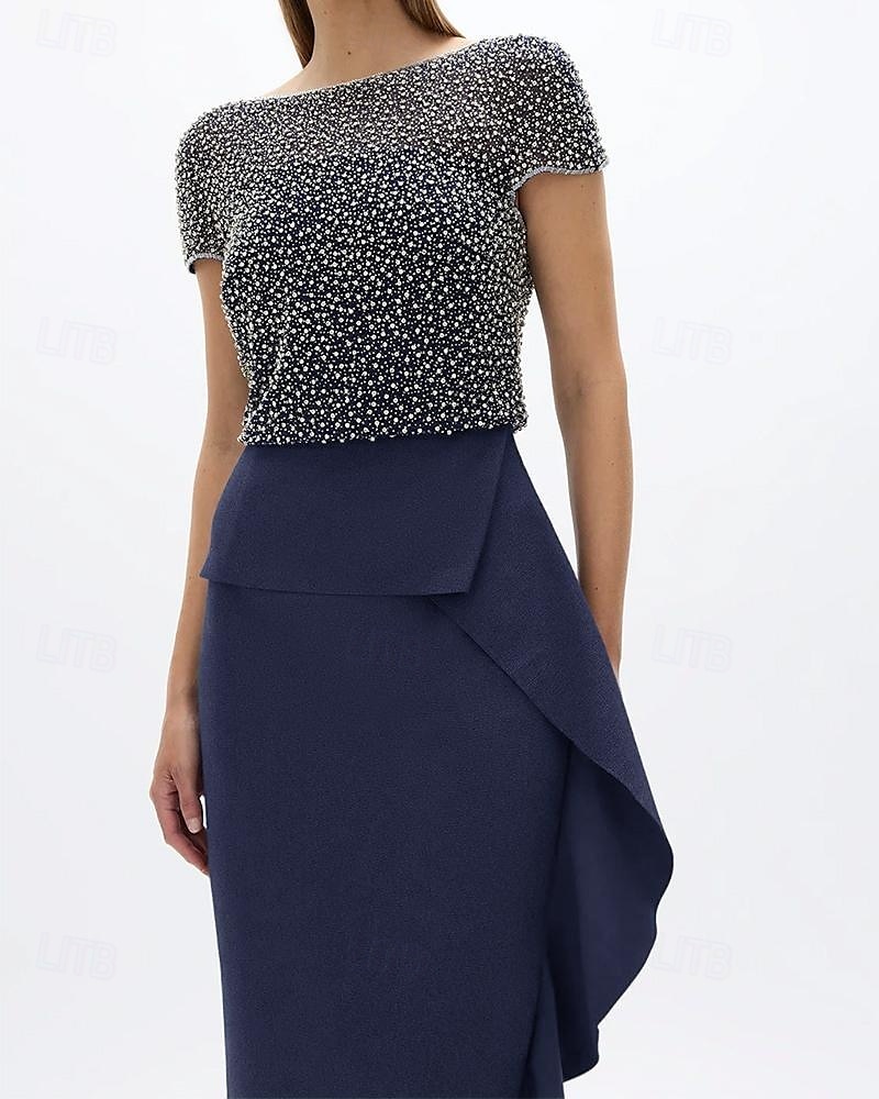 Meerjungfrau/Trompete Kleid für die Mutter der Braut, elegante Party, schlichter U-Boot-Ausschnitt, knielang, Midi-Länge, Krepp, kurze Ärmel mit Perlen, Rüschen 2025 2025 - $149.99 –P2