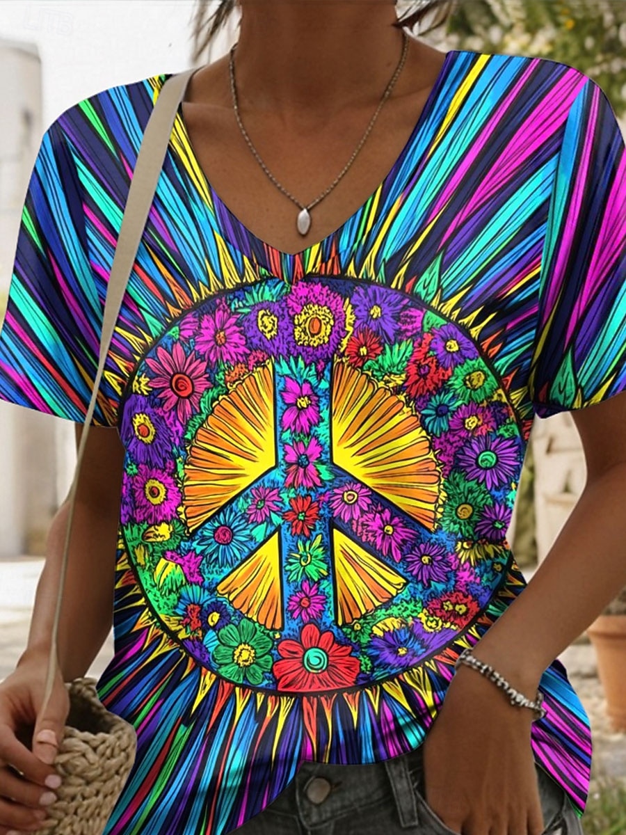 Damen T Shirt Druck Ombre Grafik Batik Vintage Stilvoll Lässig Kurzarm V Ausschnitt Normale Oberteile Täglich Blau Sommer Frühling 2026 - $21.99 –P3