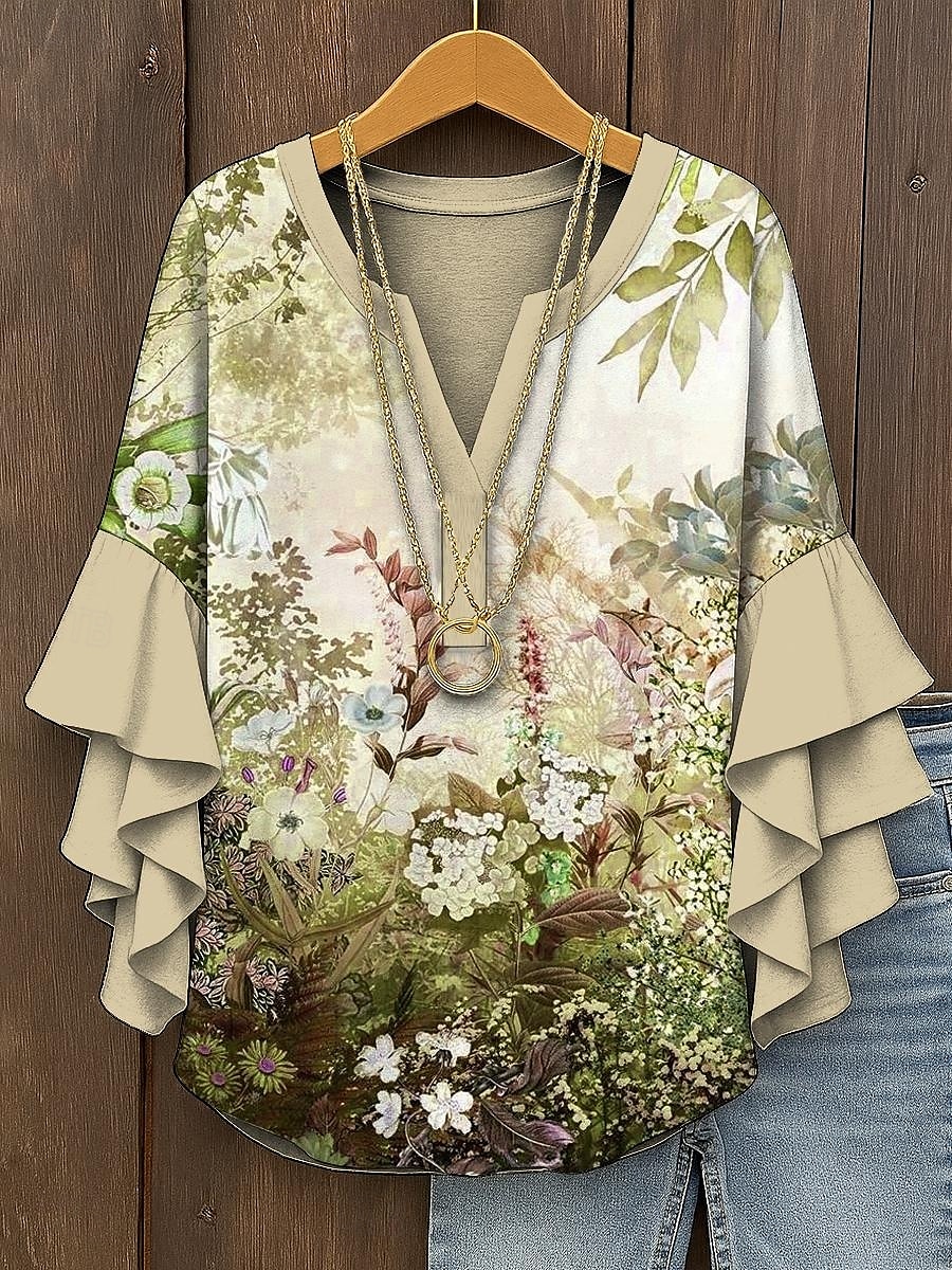 Dame Bluse Nyanse Blomstret Grafisk Elegant Bohem Etnisk 3/4 ermer V-hals Vanlige topper Daglig Ferie Ferieklær Trykt mønster Gul Rosa Blå Lilla Grønn Sommer Vår Høst 2025 - $29.99 –P6