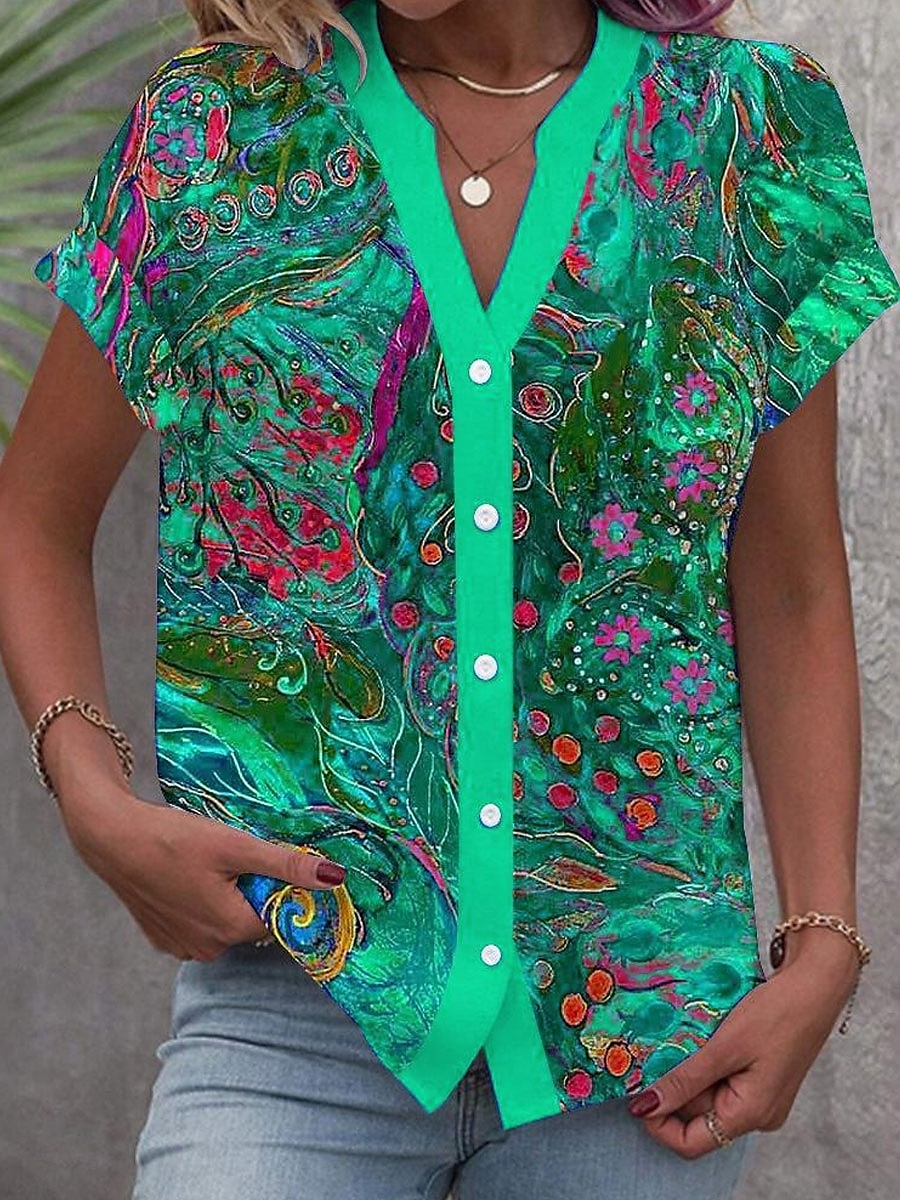 Dame Bluse Blomstret Grafisk Årgang Stilfull Fritid Kortermet V-hals Vanlige topper Daglig Knapper Trykt mønster Blå Lilla Grønn Sommer Vår 2025 - $29.99 –P3