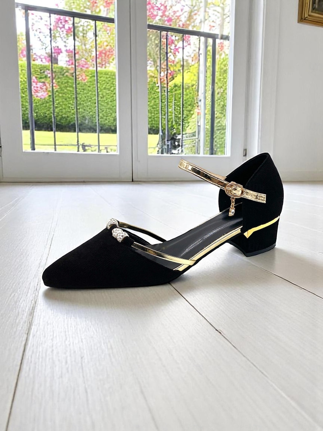 Women's Black Suede Block Heel Dress Shoes with Gold Ankle Straps, Rhinestone Buckle for Daily Date, Casual Office, Romantic Evenings 2026 - $32.99 –P4