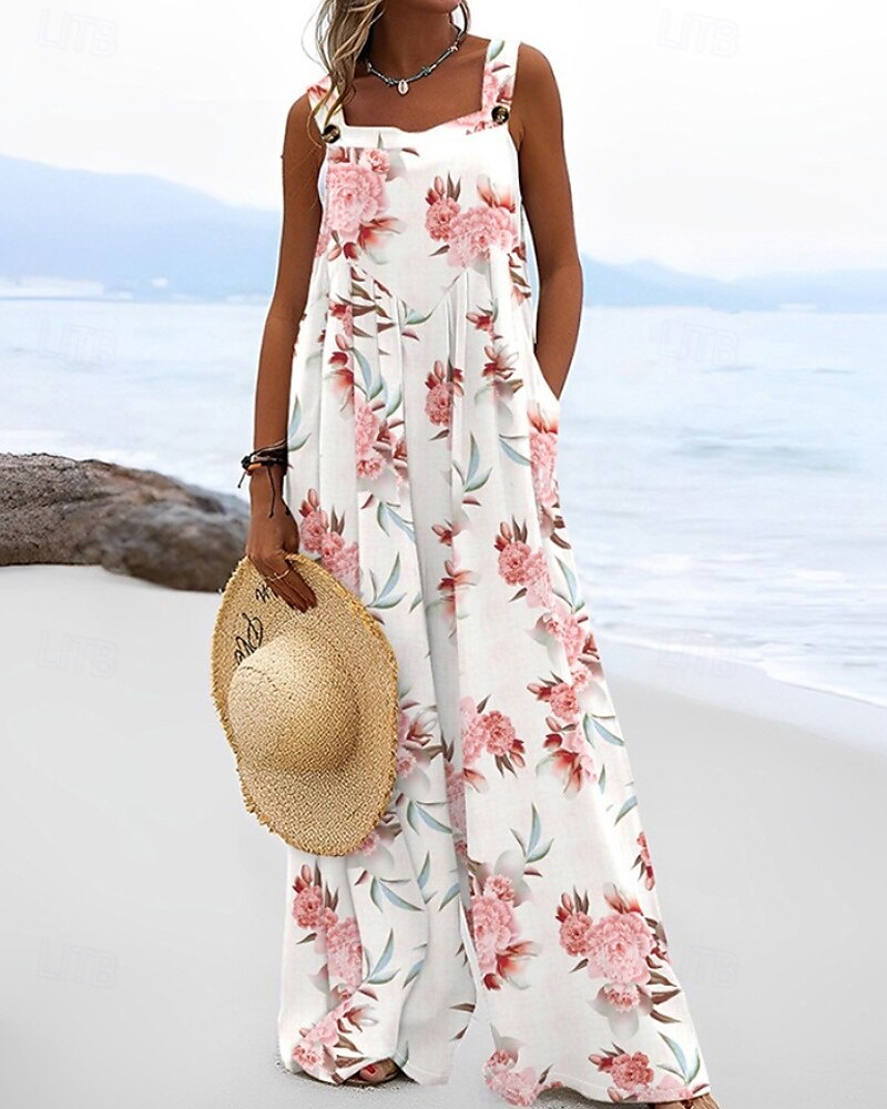 Damen Jumpsuit Latzhose Streetwear Blumenmuster Ärmellos U-Ausschnitt Taschendruck Alltag Ausgehen Regular Fit Rosa Braun Beige Sommer 2025 - $24.99 –P3