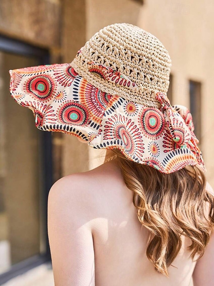 Women's Wide Brim Straw Sun Hat with Colorful Ethnic Print Bow – Boho Style Foldable Beach Hat for Summer Travel and Vacation 2025 - $14.99 –P3