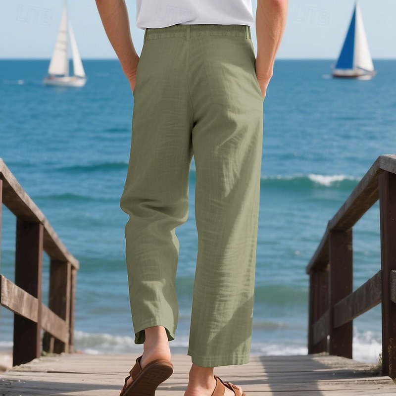 Herr Linne Byxor Långbyxor Sommarbyxor Strandbyxor Ficka Snörning Elastisk midja Slät Komfort Andningsfunktion Semester Dagligen Helgdag Hawaiisk Boho Ljus kaki Svart 2025 - $22.99 –P15