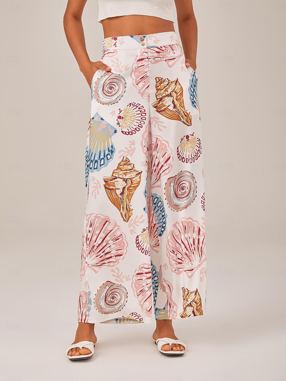 Shell Print Elastic Waist Wide Leg Pants 2025 - $69.99 –P3