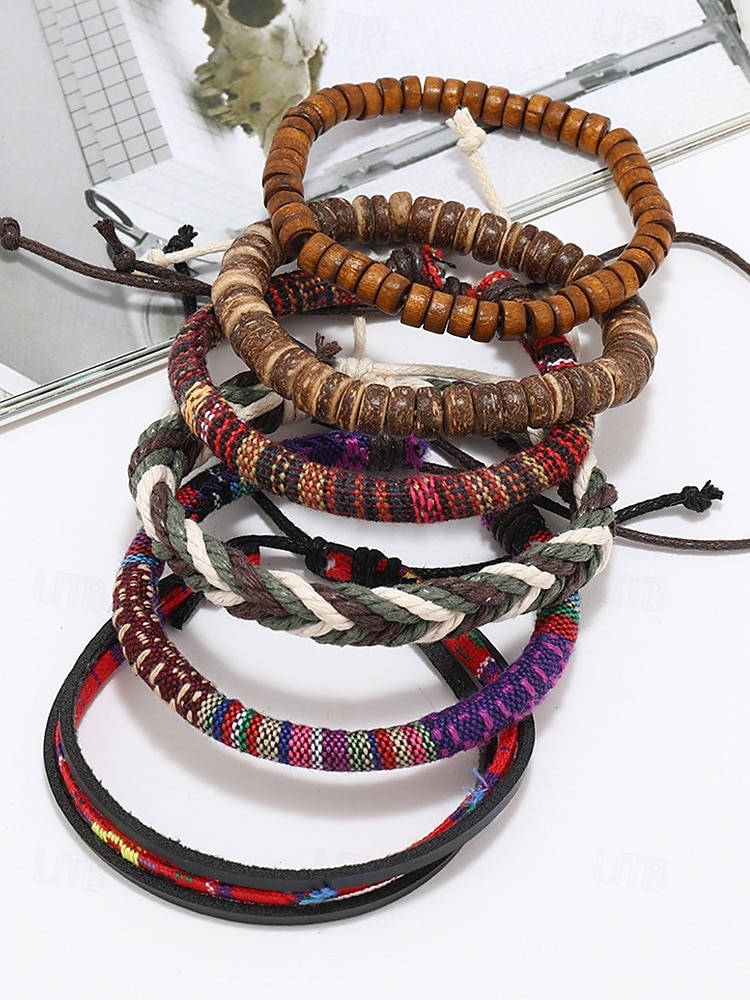 Pánská sada vícevrstvých pletených korálkových náramků v boho stylu, různé materiálové provedení - dřevo, kůže a provaz, kmenový styl, plážové a běžné nošení 2025 - $9.99 –P4
