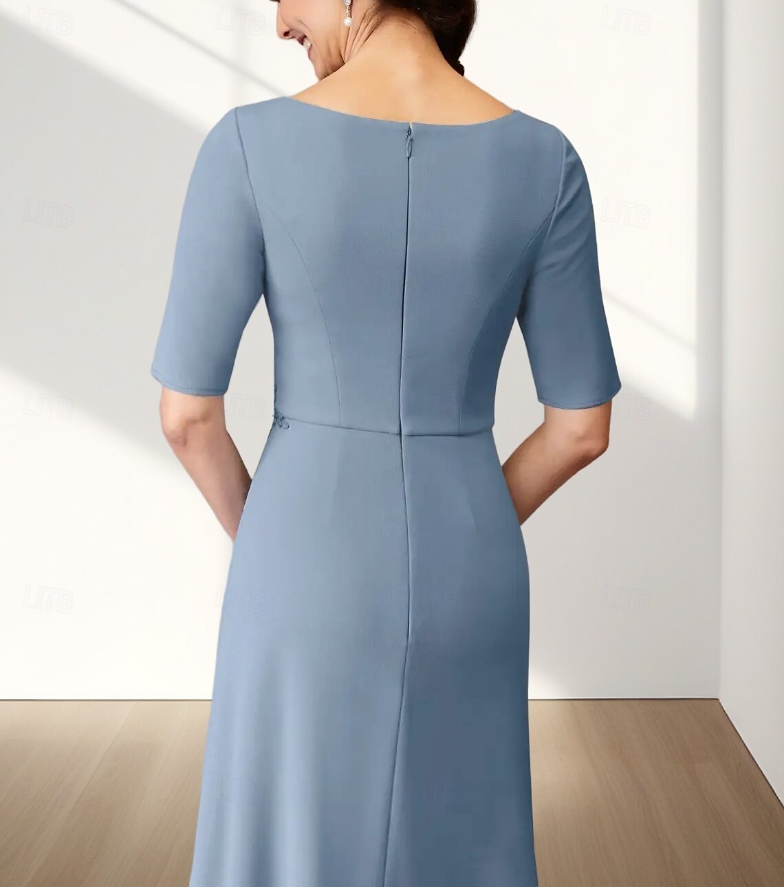 A-Linie Brautmutterkleid Hochzeitsgast Elegant Rundhalsausschnitt Bodenlang Chiffon Stretchstoff Halbarm mit Applikationen Raffung 2025 2025 - $157.99 –P5