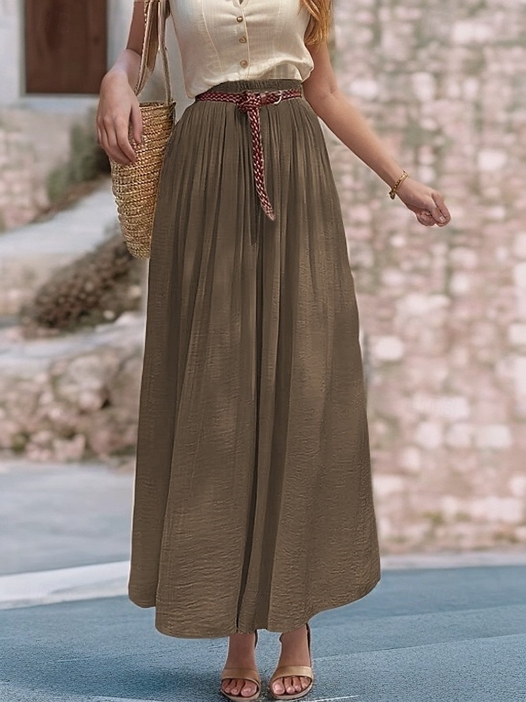 Damen Asiatische Größe Schwingend Leinenröcke Elegant Lässig Midi Hohe Taille Röcke Einfarbig Gerafft Plissiert Fließend Mikroelastisch Urlaub Täglich Wein Schwarz Weiß Rosa Frühling, Herbst, Winter 2025 - $32.99 –P14