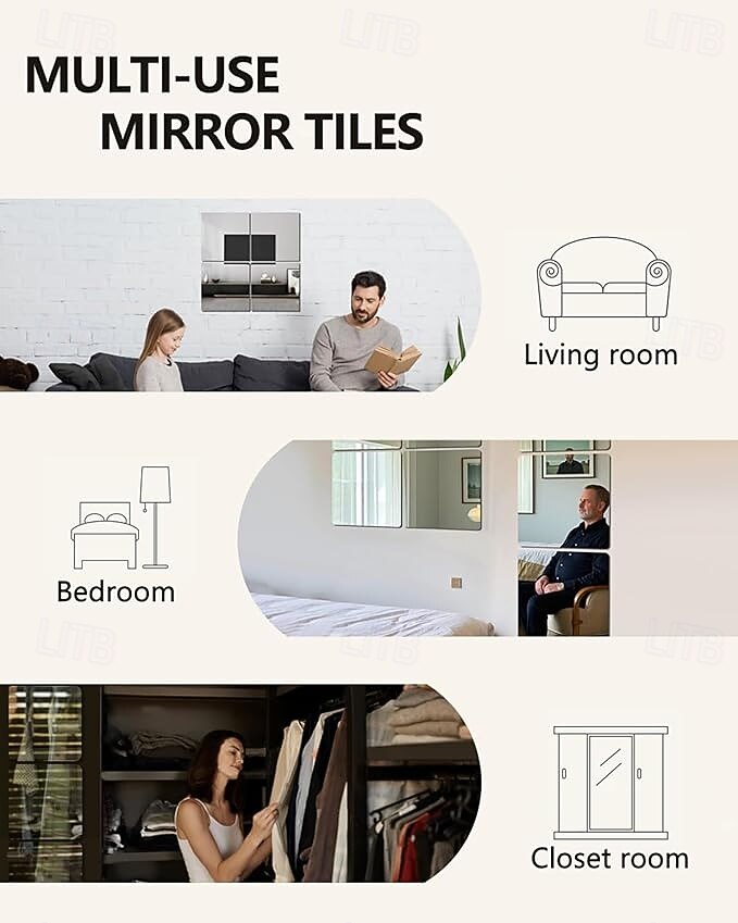 4-pak szklanych płytek lustrzanych ściennych 12" x 12" bezramowe lustro na całą długość montowane na ścianie lustra do sypialni, domu, siłowni, drzwi, łazienki 2026 - $25.99 –P6