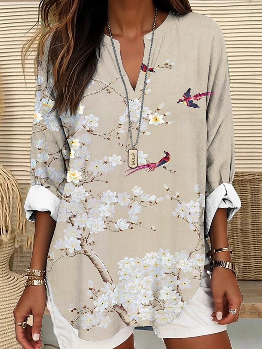 Femmes Hauts d'été Fleuri Graphique ancien Tropical Hawaïen manche longue Col en V Hauts Réguliers Quotidien Fête Tenue de plage Imprimé Blanche Vert Claire Bleu Kaki Été Printemps de 2025 ? $24.99 –P4