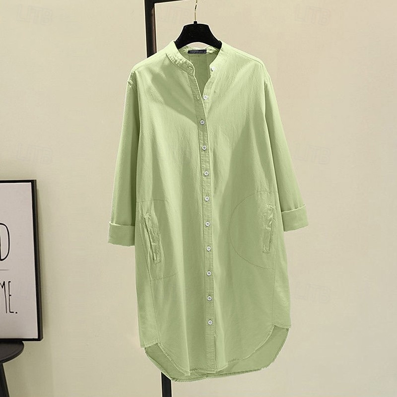 Mujer Camisa Camisas de algodón y lino Blusa Plano Moderno Casual Manga Larga Escote en Pico Tops largos Festivos Noche Botones Bolsillo Blanco Amarillo Rosa Verde Trébol Verano 2025 - $28.99 –P6