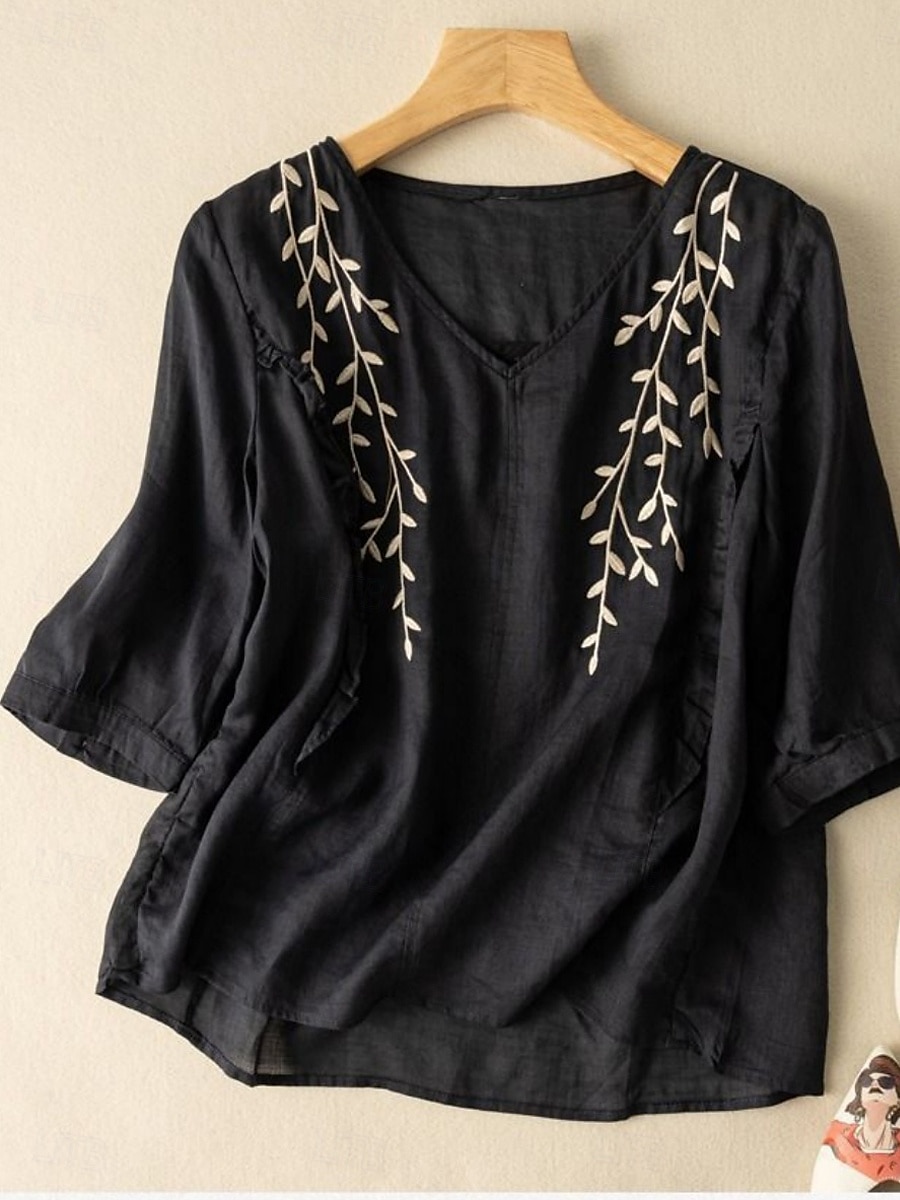 Cămașă de damă din bumbac și in, model floral, simplu, etnic, casual, mânecă 3/4, decolteu în V, croială regulată, topuri, zi de zi, brodat, galben, albastru marin, violet, portocaliu, caisă, vară 2025 - $17.99 –P13