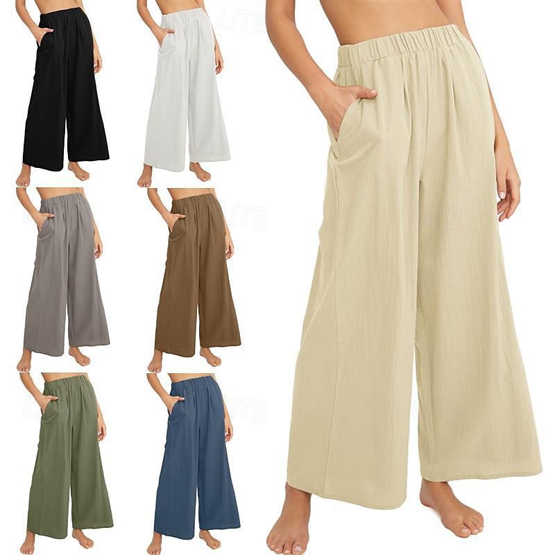 Dame Linbukser i bomull Frekk Bukser Mote Gatemote Full lengde Naturlig عادي Lomme Elastisk midje comfy Utendørs Bekvem utendørs Ferie Aprikos Grå Svart Hvit Sommer Normal 2025 - $24.99 –P1