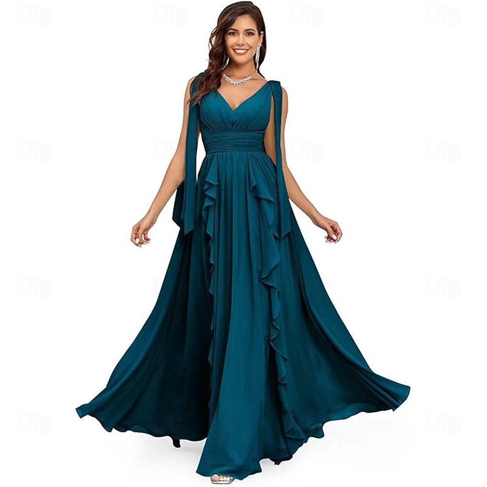 A-Line Quinceanera Dresses Elegant Dress Performance Christmas Floor Length Sleeveless V Neck Chiffon Backless with Pleats