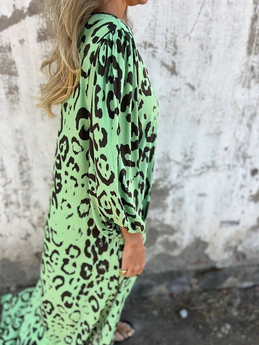 Damen Maxikleid A Linie Kleid Lässig Outdoor Ausgehen Normale Passform Leopard Langarm V Ausschnitt Weiß Himmelblau Dunkelgrün Grün Sommer 2025 - $21.99 –P8