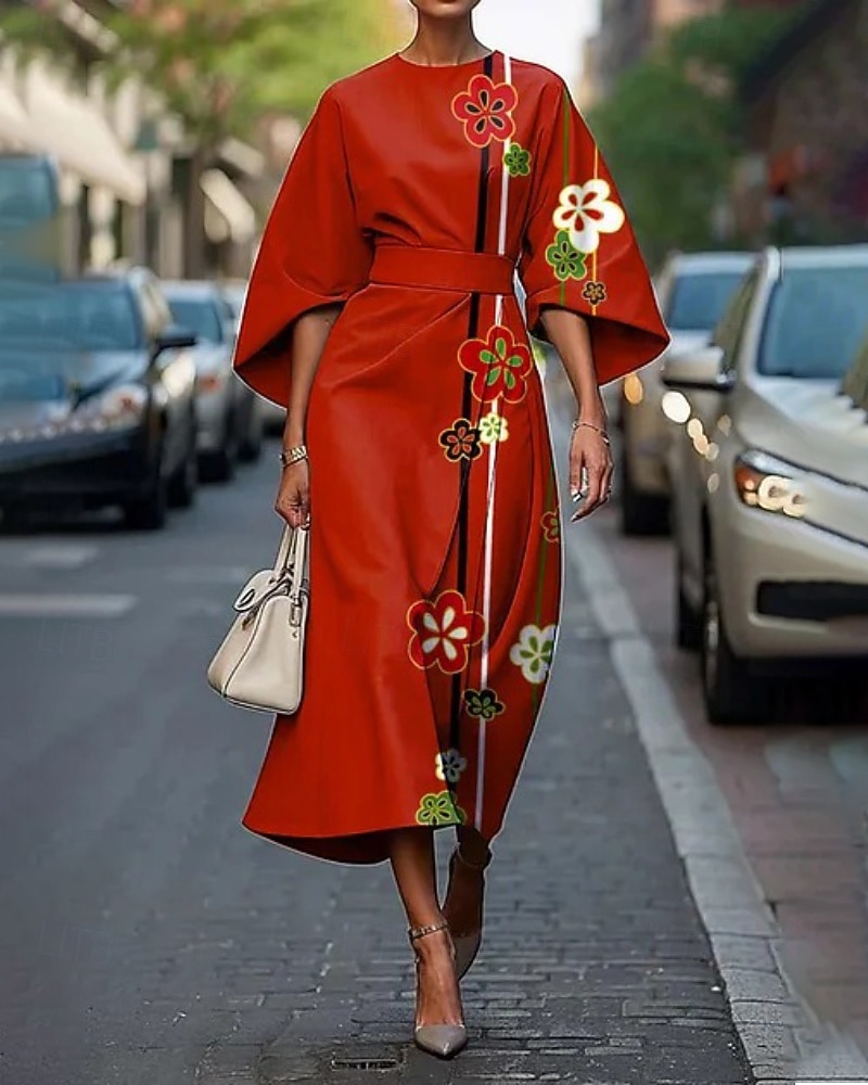 Women's Midi Dress Floral Dress Print Dress Elegant Fashion Outdoor Vacation Holiday Regular Fit Flower Half Sleeve Crew Neck Yellow Wine Red Summer 2026 - $26.99 –P1