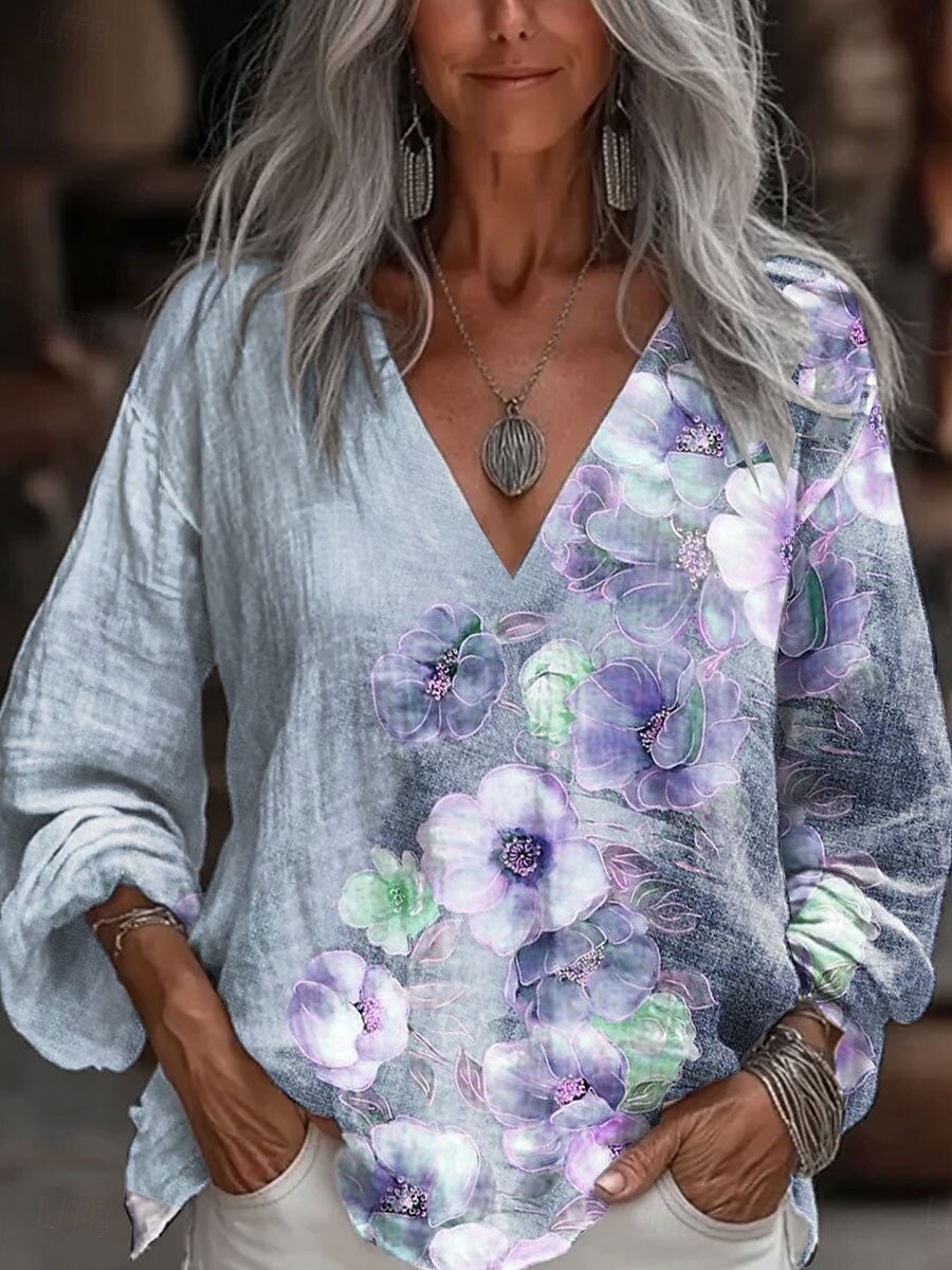 Femmes Chemisier Fleuri Graphique Élégant Occasionnel Manche 3/4 Col en V Hauts Réguliers Quotidien Bleu Violet Vert Été Printemps de 2025 ? $24.99 –P3