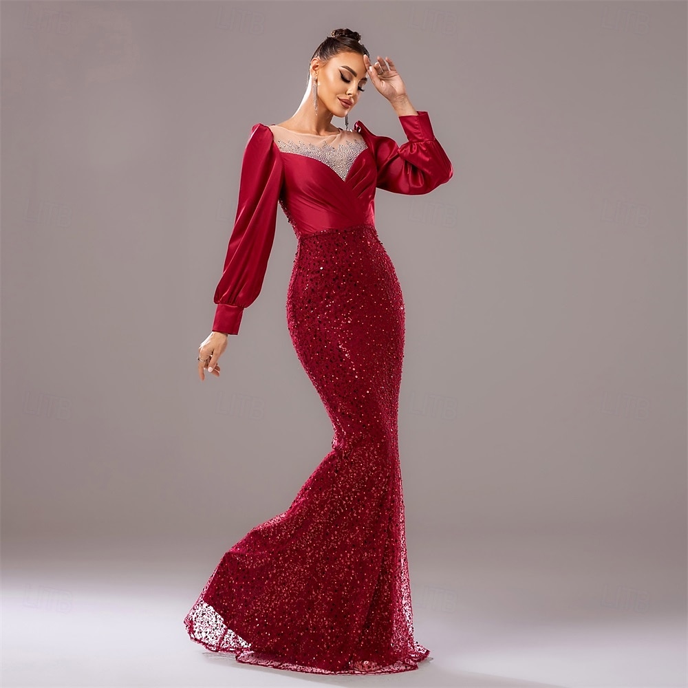 Robe de soirée noire cravate noire robe élégante mariage invité longueur au sol manches longues col rond sequins avec plis de 2025 ? $135.99 –P2