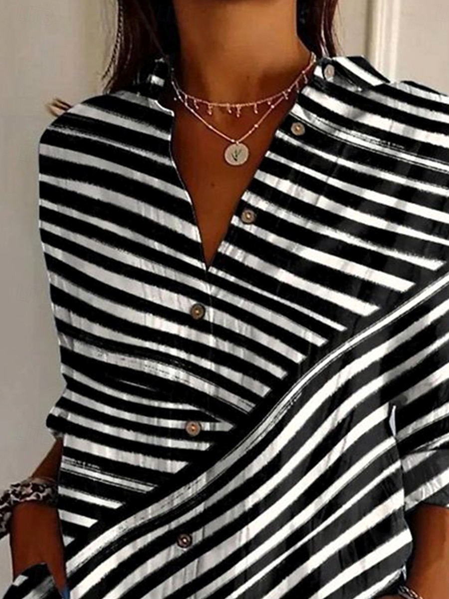 Camicia da donna Button Down Tunic Camicia colletto manica lunga grafica geometrica a righe vintage tropicale quotidiano regolare tops lavoro quotidiano s stampa nera primavera del 2025 a $32.99 –P2