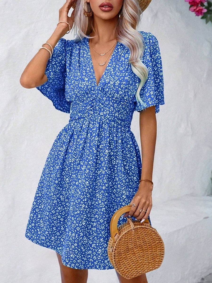 Damskie Sukienka mini Sukienka A line Codzienny Na zewnątrz Wyjściowe Luźny / a Kwiaty Krótki rękaw W serek Czarny Rumiany róż Niebieski Fioletowy Lato 2025 - $31.99 –P12