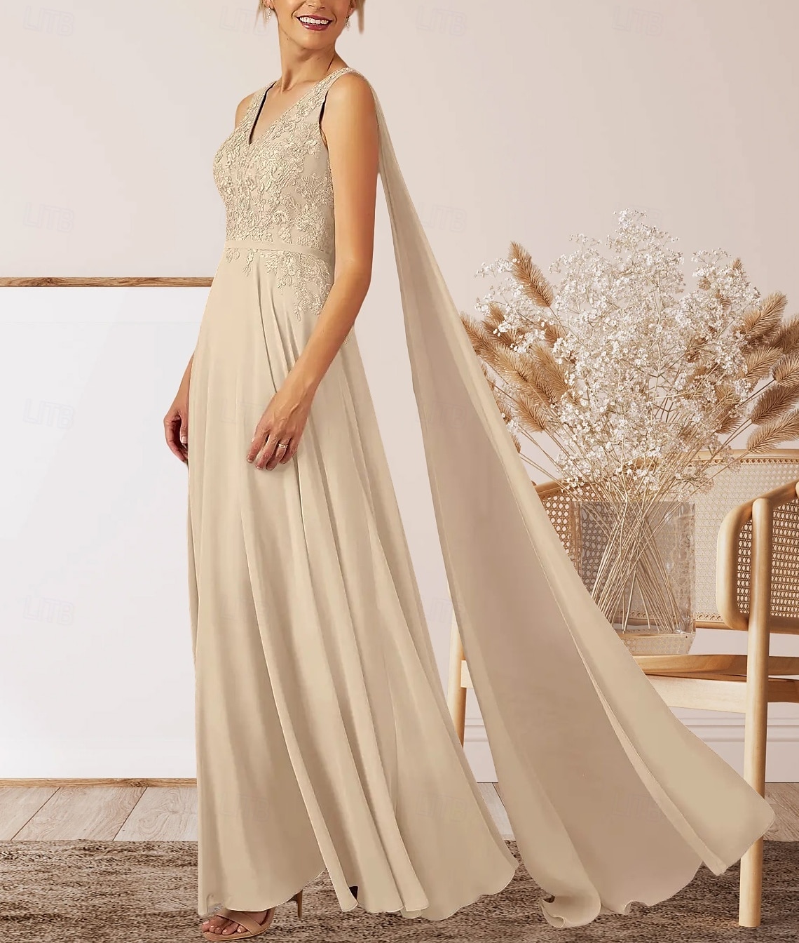 A-Line Wedding Guest Dresses Elegant Dress Wedding Guest Engagement Floor Length Sleeveless V Neck Fall Wedding Guest Chiffon with Appliques 2025 - $169.99 –P4