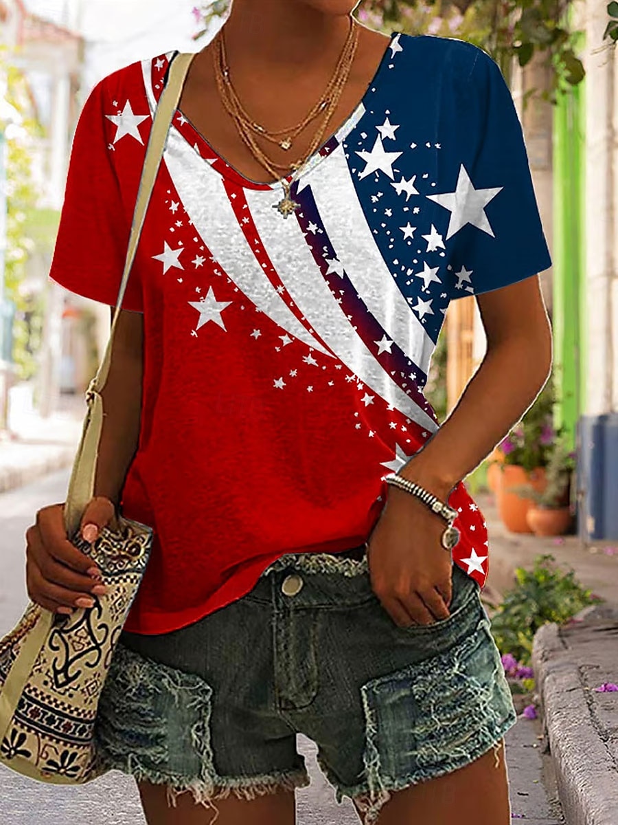 T-shirt patriote pour femmes pour le jour de l'indépendance graphique du drapeau vintage élégant décontracté à manches courtes col en V hauts réguliers quotidiens impression rouge été de 2026 ? $21.99 –P1