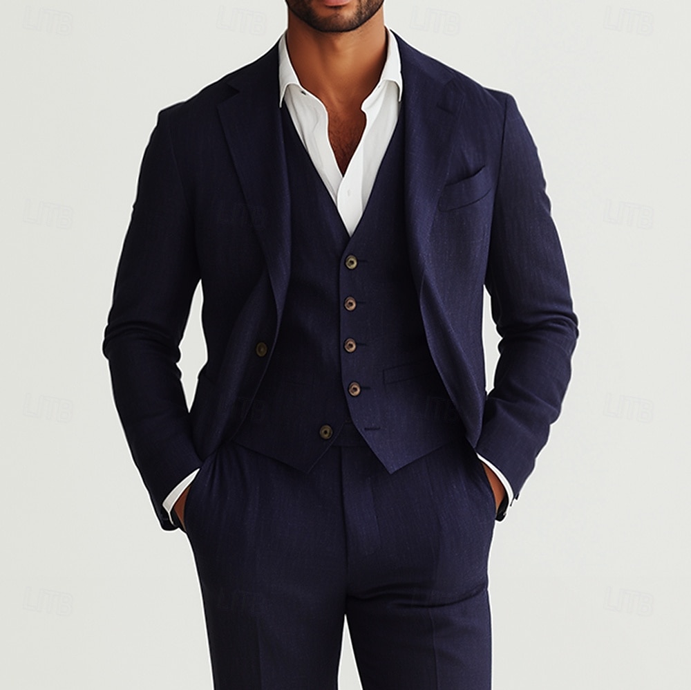 Trajes de lino para boda de negocios para hombre, azul marino, moda formal, verano, color sólido, corte estándar, 3 piezas, botonadura sencilla, un botón 2025 - $139.99 –P2