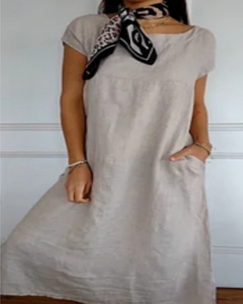 Per donna Abito Midi Vestito Casual Abito in cotone e lino Moda Classico All'aperto Ferie Uscire Vestibilità regolare Semplice Manica Corta Girocollo Nero Bianco Cachi Estate del 2025 a $32.99 –P3