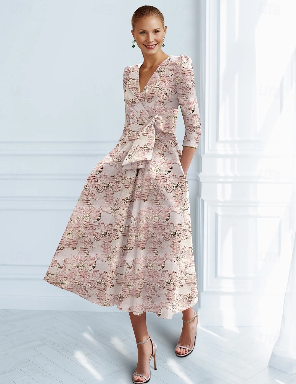 Sukienki koktajlowe Jacquard Brokatowy w kształcie litery A Elegancka sukienka formalna weselna do kostek Krótki rękaw Z dekoltem w serek Nylon z kokardą(ami) Kieszonka Sukienka dla gościa weselnego 2025 - $139.99 –P4