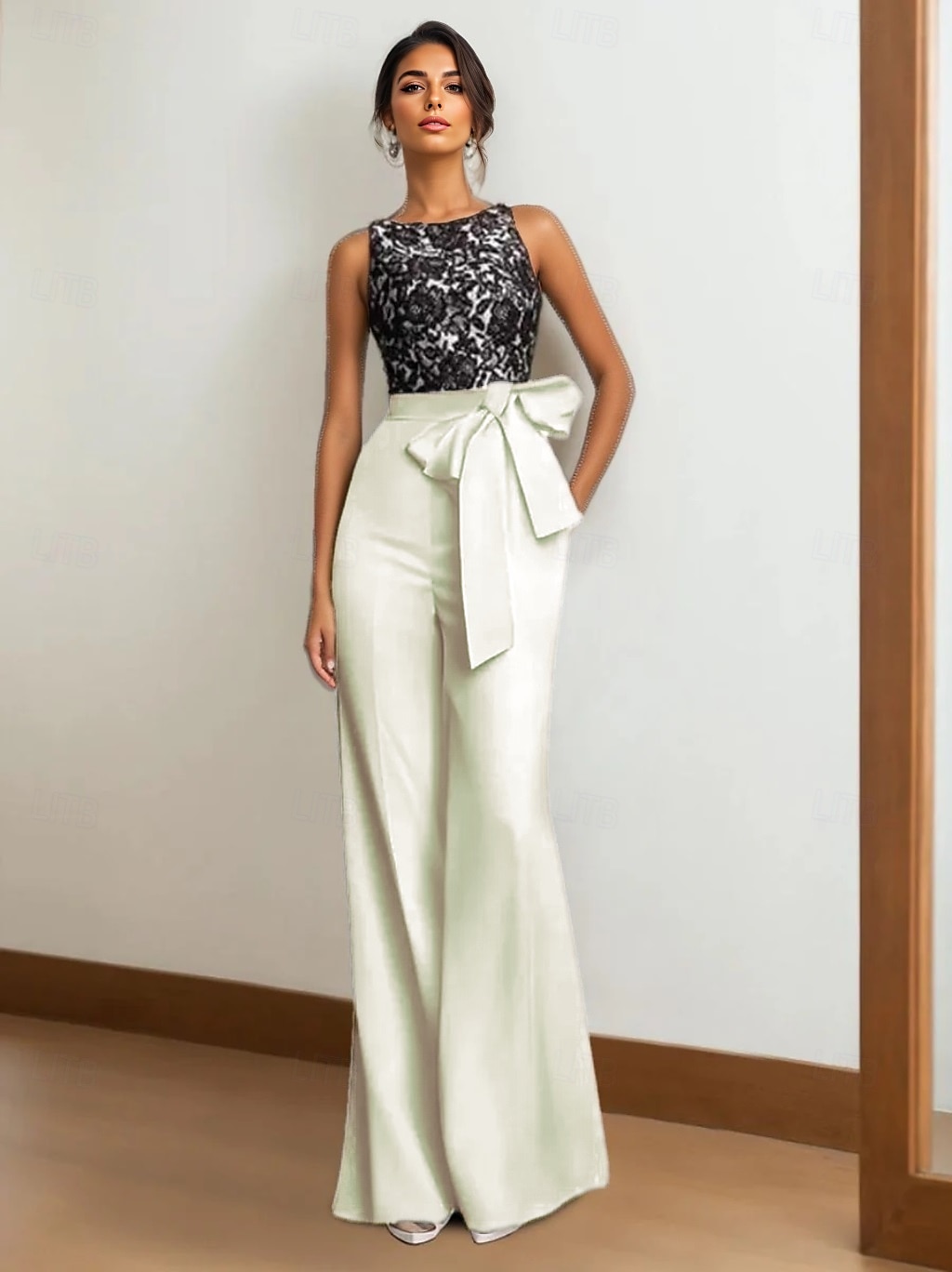 Combinaison / Tailleur-Pantalon Robe de Mère de Mariée  Formel robe demoiselle d honneur Élégant Simple Minimaliste Col ras du cou Longueur au sol Dentelle Tissu Extensible Sans manches avec Ceinture de 2025 ? $132.99 –P2