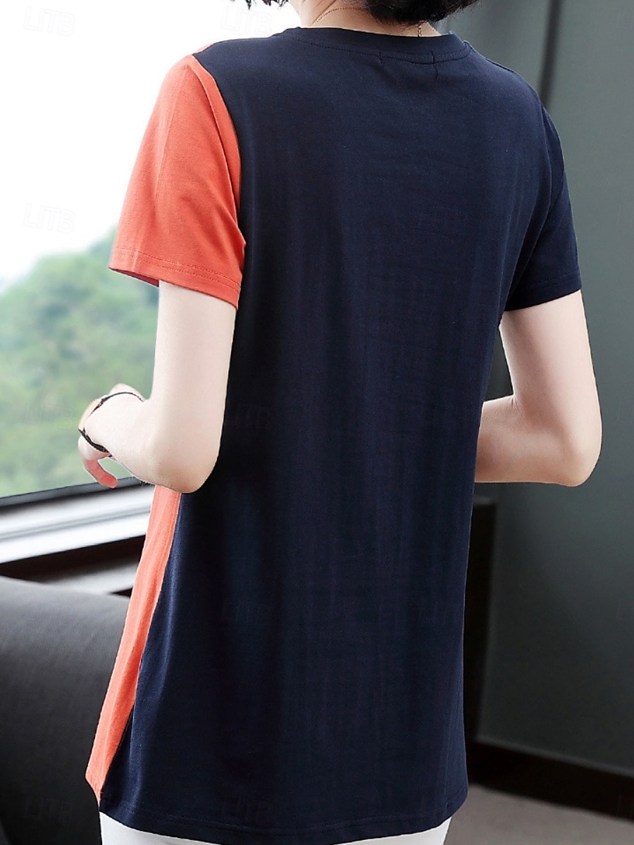 Dame Bluse Geometrisk Fargeblokk Stilfull Fritid Kortermet Crew-hals Vanlige topper Daglig Trykt mønster Svart Gul Blå Oransje Brun Sommer 2025 - $13.99 –P6