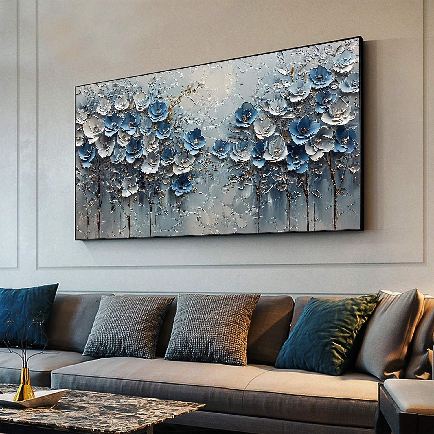 Peinture à l'huile originale faite à la main de fleurs bleues sur toile, art mural abstrait de paysage d'arbre pour la décoration intérieure avec cadre tendu sans cadre intérieur de 2025 ? $131.99 –P7