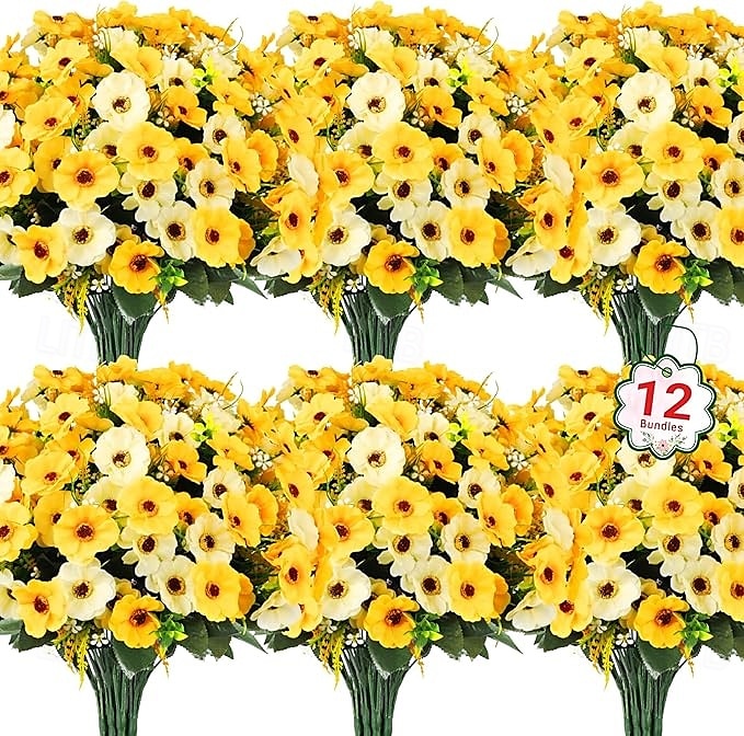 12 חבילות פרחים מלאכותיים לקישוט חוץ פרחי משי חינניים מזויפים צמחים מלאכותיים עמידים בפני UV לקיץ גינה מרפסת חלון חדר עיצוב הבית צהוב 2026 - $35.99 –P13